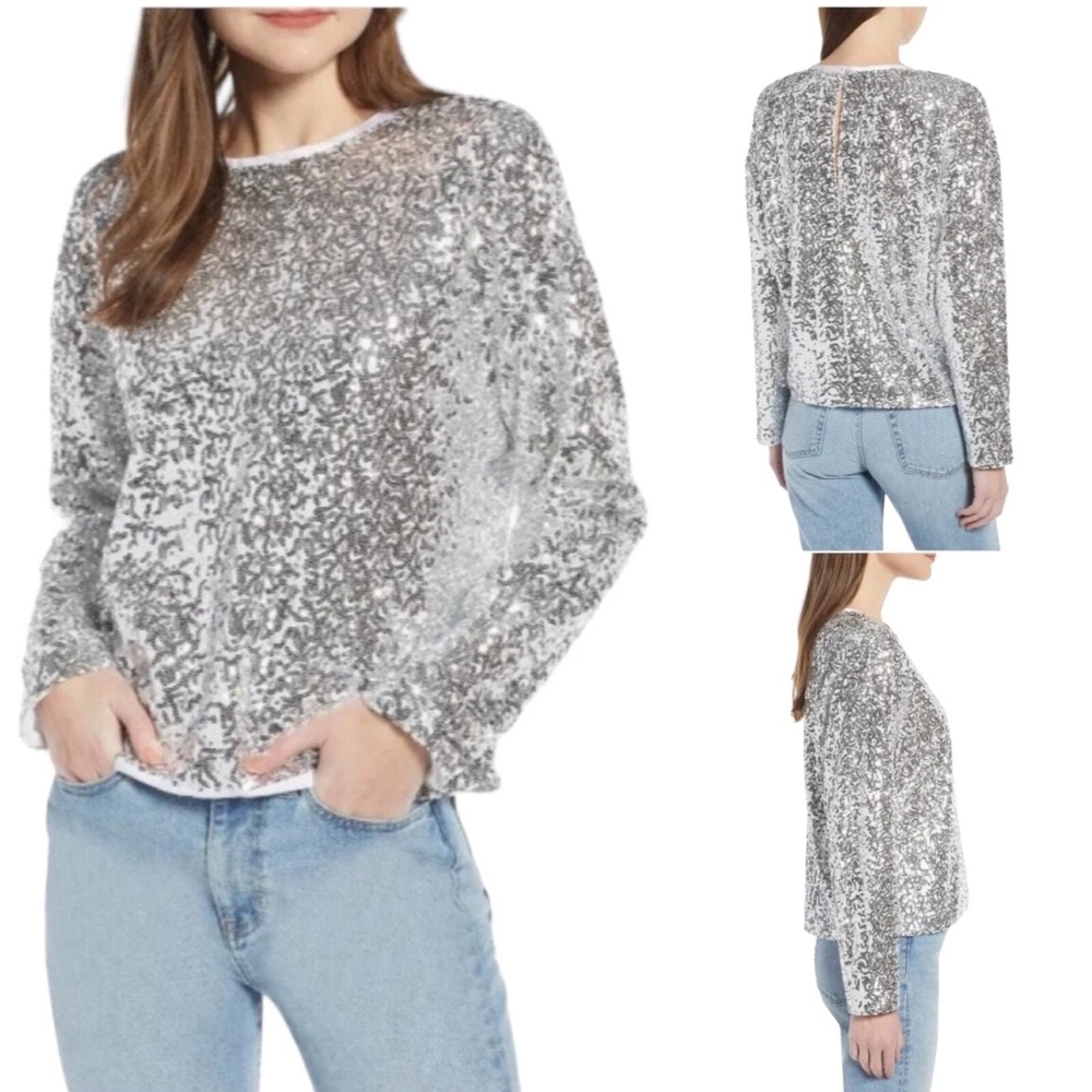 Something Navy Silver Sequin Long Sleeve Top Blouse Size XS